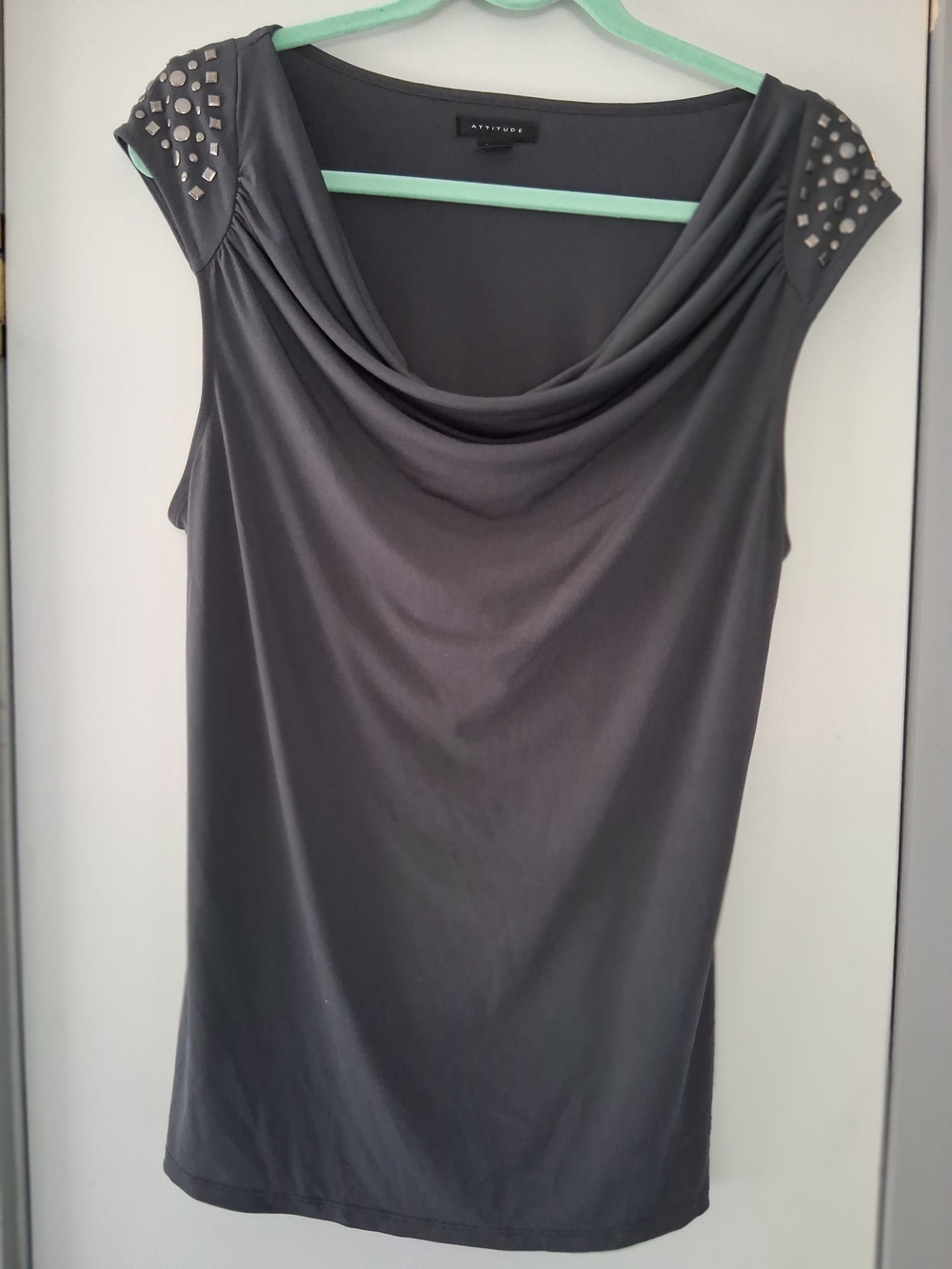 Women's Gray Sleeveless Cowl Neck Top with Studded Shoulders